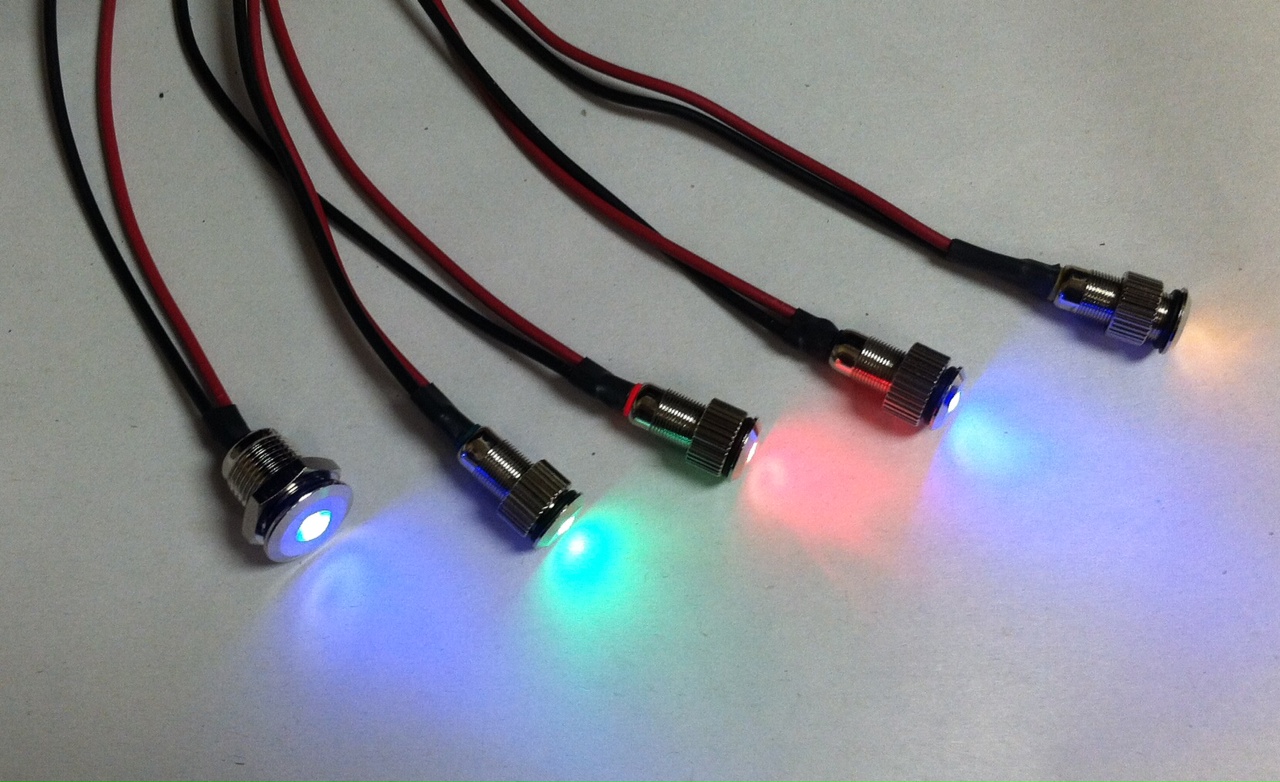 4 Blue 12 volt LED Indicator Lights in Chrome Bezels 
