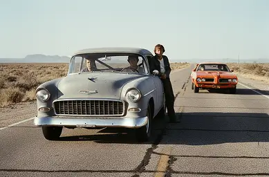 Person standing beside a classic 1955 Chevrolet 150 Gasser on a desert highway with a vintage orange muscle car approaching in the background