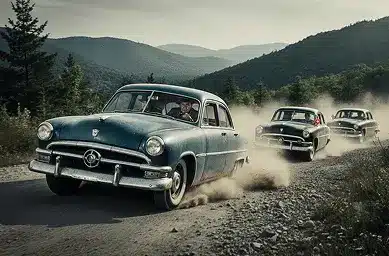 Three classic 1950s Ford sedans racing along a dusty mountain gravel road surrounded by dense forest and rolling hills