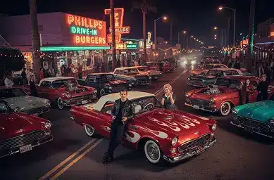A couple in 1950s attire posing beside a red classic car at a retro drive-in burger joint at night, surrounded by rows of vintage American cars, featuring the 1956 Ford Thunderbird, under glowing neon signs