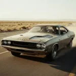 A classic 1970 Dodge Challenger R/T speeding down a desert highway, kicking up dust in its wake
