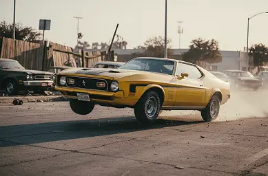 A yellow 1973 Ford Mustang Mach 1 caught airborne during a high-speed stunt on a urban street surrounded by debris and dust