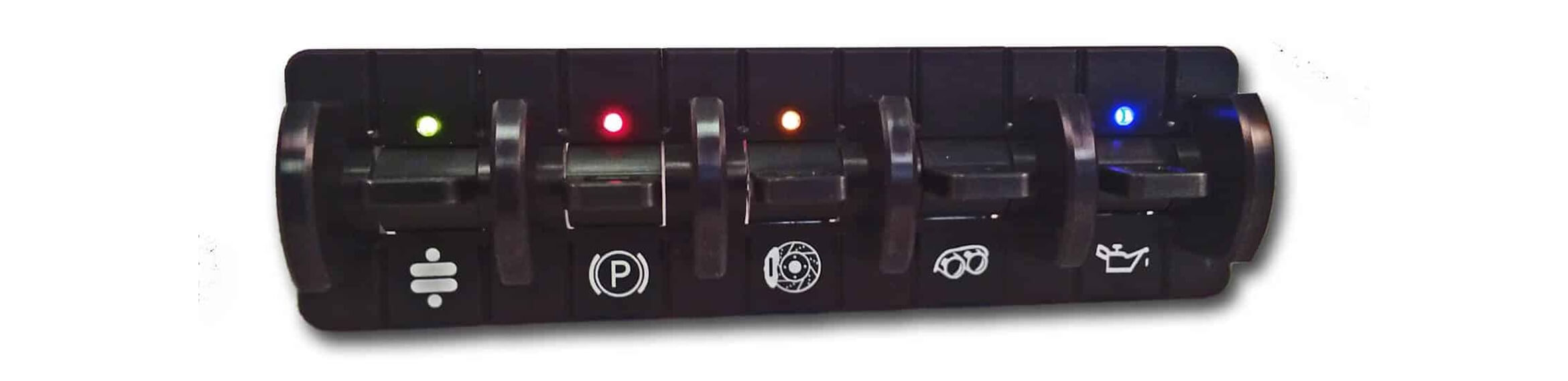 Custom hot rod switch panel with illuminated function indicators: parking brake, cooling fan, headlights, and oil pressure warning switches with colored LED lights
